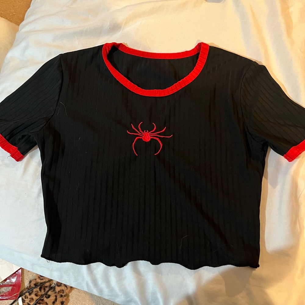 Black Crop Top with Red Spider Design